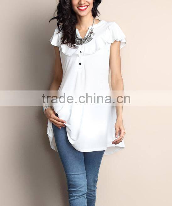 Hot Selling Women Blouse With White Ruffle Notch Neck Cap-Sleeve Tunic Women Tops Women Wear GD90426-8