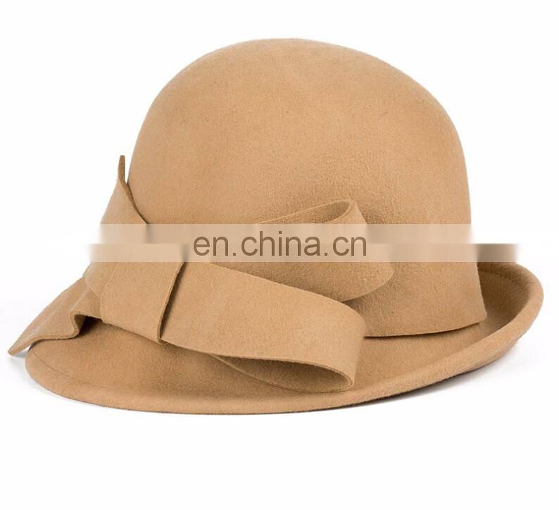 Promotion fashion korea style khaki bowknot felt winter women fascinator wide brim hat