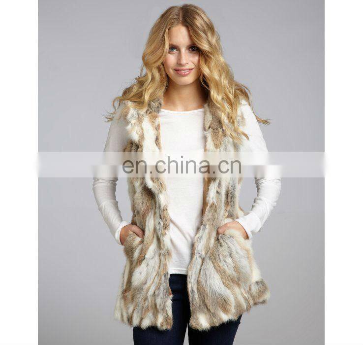 brown&white rabbit fur hooded vest/quality+OEM+ODM