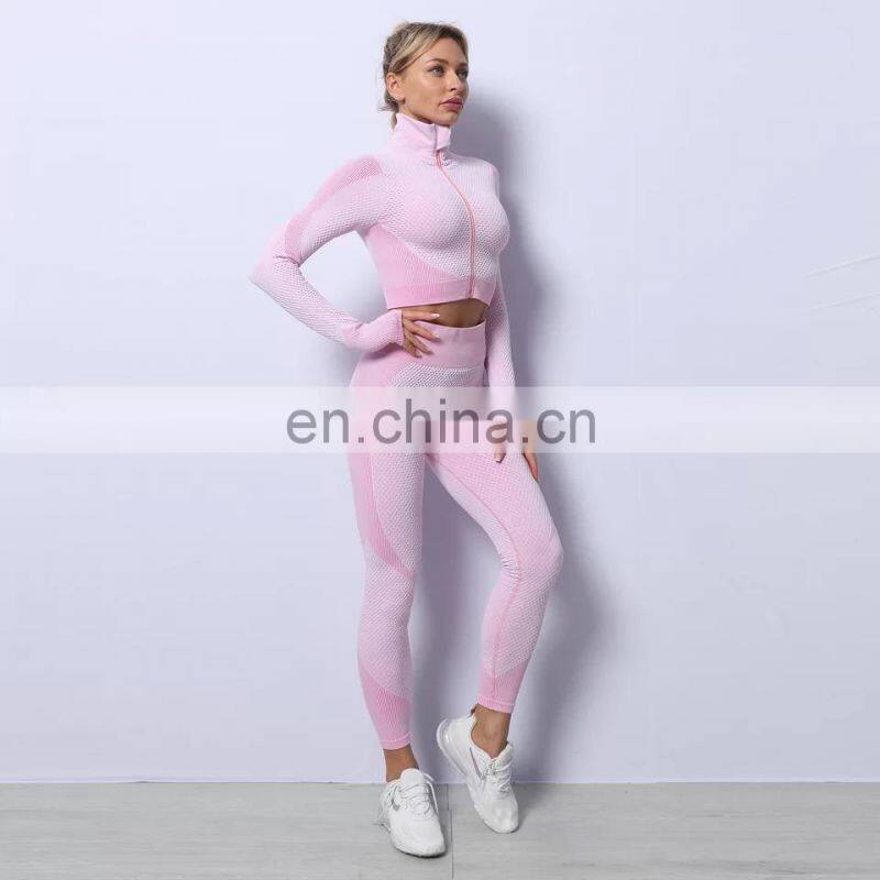 Wholesale women 3 pieces crop top leggings and sports bra workout clothes 3 pieces seamless yoga belt zipper suit