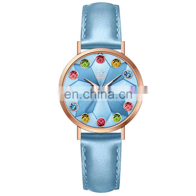 SHENGKE SK Woman Watch Drop Shipping Watches K0157L Blue Leather Wristwatch Japan Quartz Movement 2035 Big Stone Bling Dial