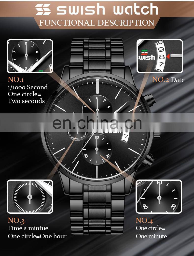 SWISH SW917 Brand Men's Watch Imported Quartz Movement Rolling Date 30M Waterproof Simple Wind Stainless Steel Men Sports Watch