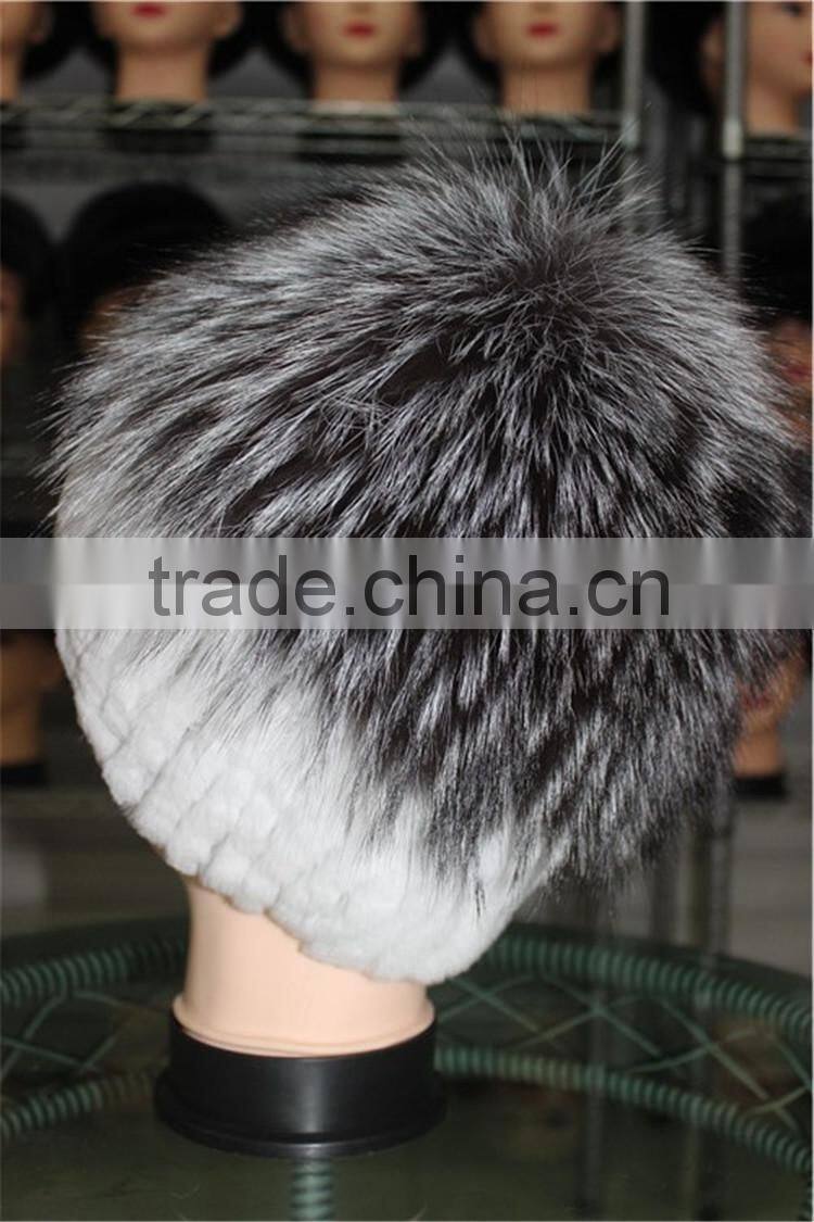 Charm Warm Fur Hat Real Rex Rabbit Fur With Silver Fox Fur Knitted Cap