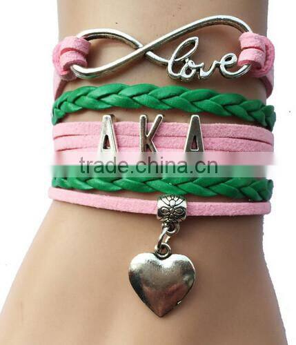Newest AKA Wrap Bracelet Leaf Alpha Kappaa Alpha AKA Heart Pink Green Custom leather bracelet
