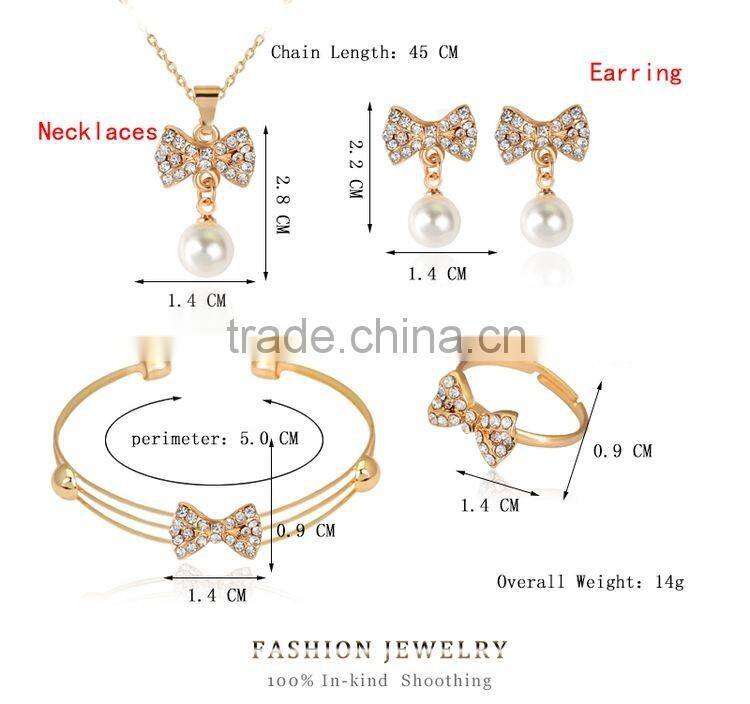 Fashion Popular Pearl Full Rhinestone Bowknot Crystal Earrings Necklace Bangle Ring Jewelry Sets Wholesale