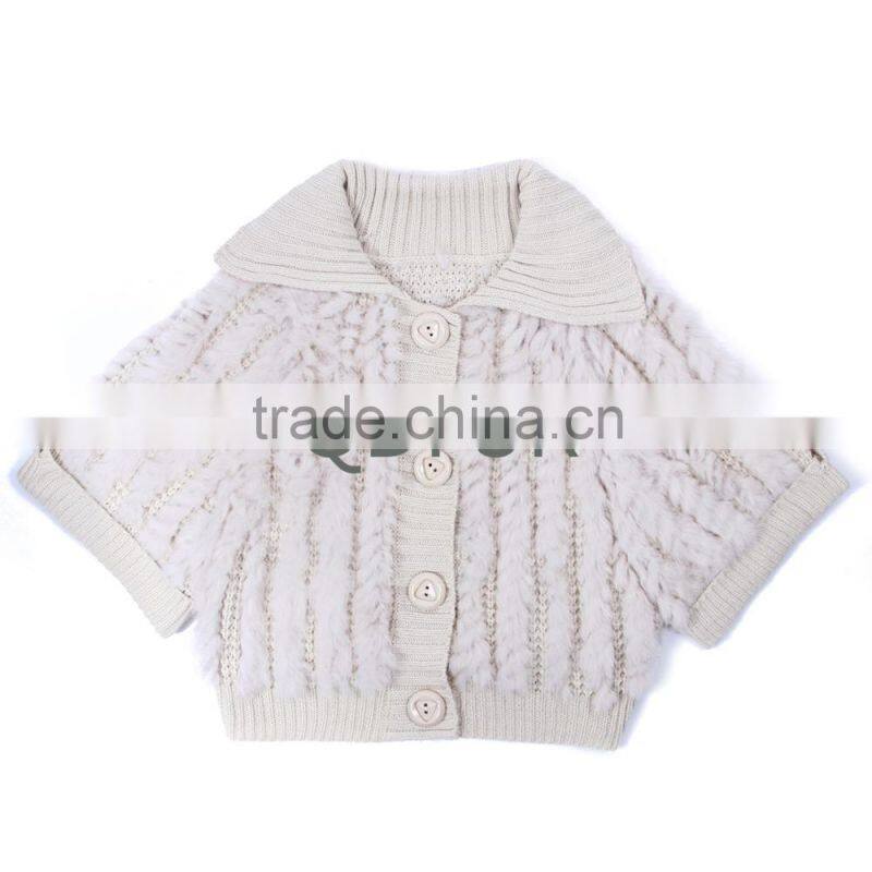 QD81004 2016 New Design Women Knitted Rabbit Fur Batwing Sleeves Vest with 4 Bottons Front Fly