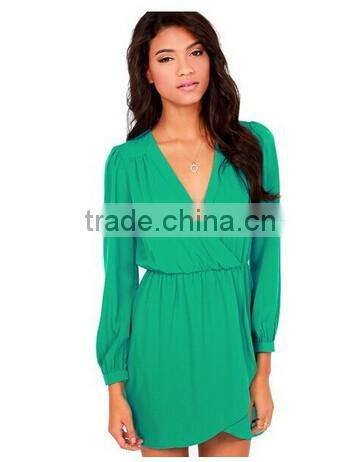 Hot selling summer women V neck long sleeve casual dress/