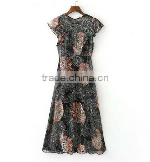 2016 women bohemian elegant butterfly sleeve floral print short sleeve long dress