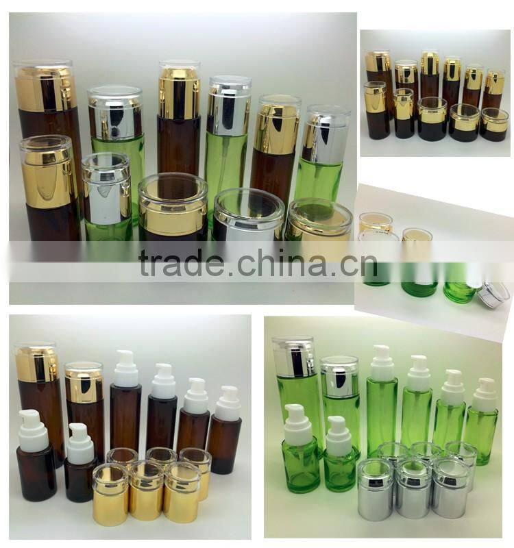 Dark brown colored glass cosmetic bottle and cosmetic glass jar with acrylic lid