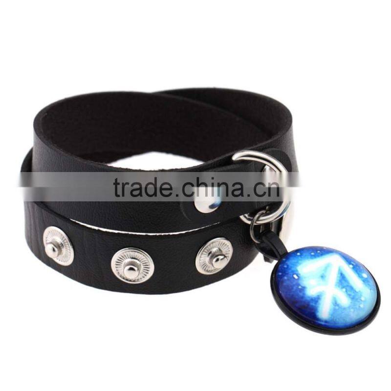12 Zodiac Charm Pendant Glass Gem Cabochon Necklace Black Leather Collar Choke