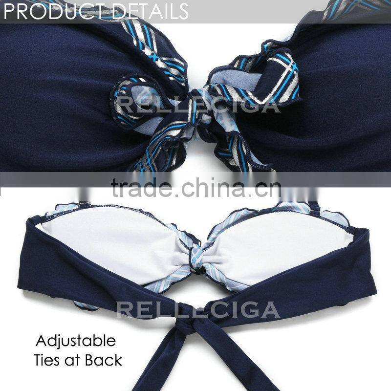 RELLECIGA 2016 Kaleidoscope Collection - Navy Blue Plaid Silver Foil+ Ruffle-trim Bandeau Bikini Set with Front Bow & Brazilian