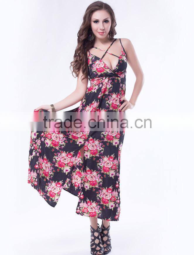 Hot design beautiful model floral printed mature women summer wear one piece long dress