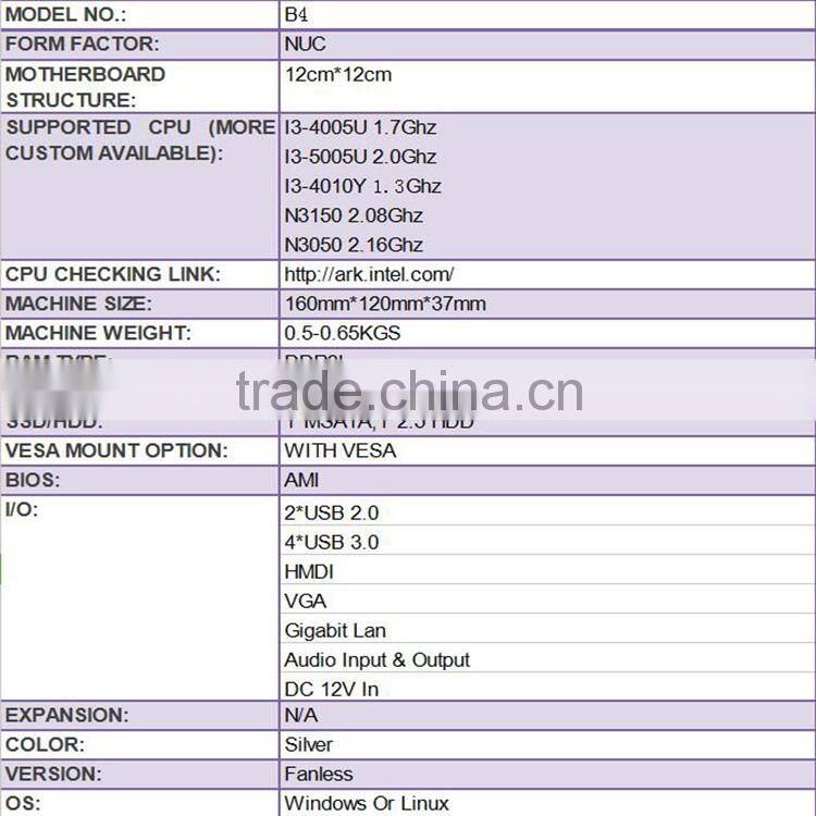 Partaker B4 Cheapest i3 Broadwell fanlesscomputer Win10 Barebone Computer i3 4005U 4K mini pc