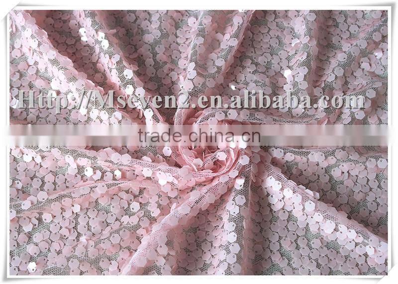 China best selling embroidery square sequin embellished fabric in pink color
