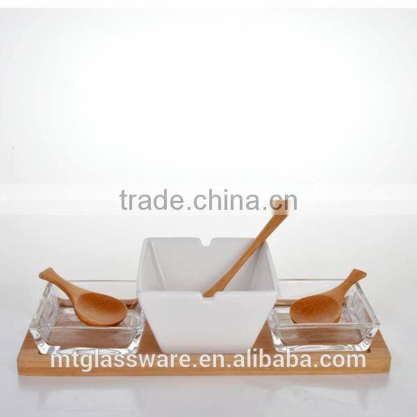 Wooden spoon set of three white ceramic soup bowl,dog bowl