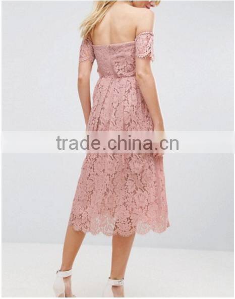 Guangzhou Clothing OEM Pink Undertone Cold Shoulder Lace Prom Dresses