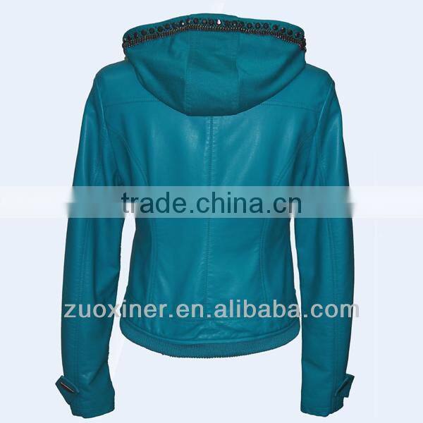 Hot sell PU leather coat with hood for lady| faux leather jacket for women
