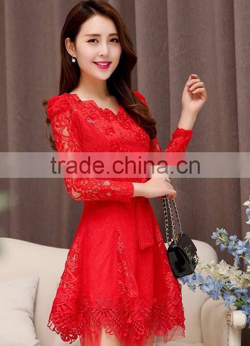 sexy red lace mature party long sleeve fashion lady dress