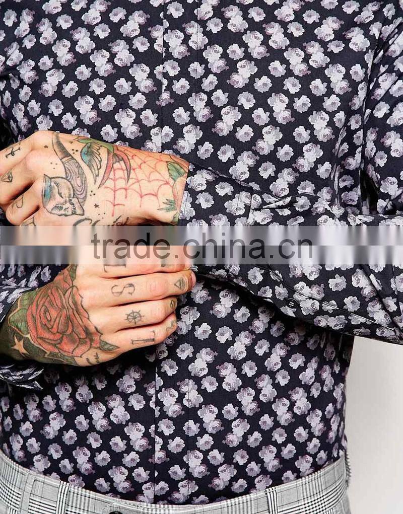 Shirt with Roses Print in Skinny Fit