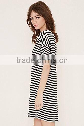 Contracted stripe straight dress with short sleeves