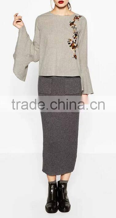 Runwaylover EY2381B New Design 2017 Ladies Fashion Falbala Embroidery T-Shirts