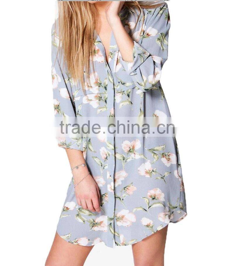 New Design Women Spring Summer Cartoon Pattern Print Shirt Dress