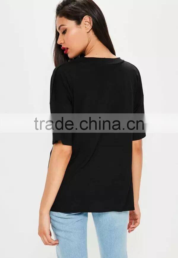 New summer fashion women Black Cut Out Choker Neck, Scoop Neck Letter T-shirt