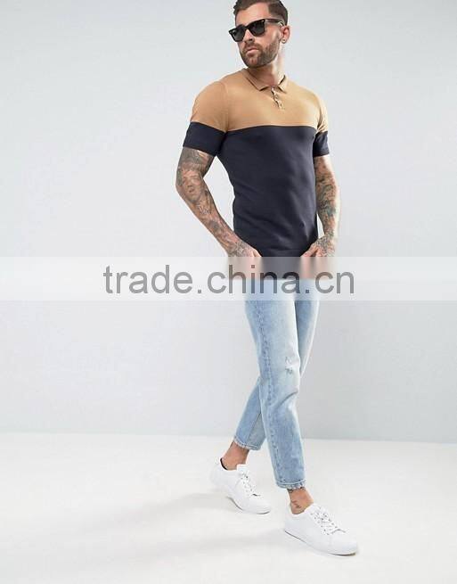 Mens Regular fit T-shirt Polo With Colour Block detail Tan Navy