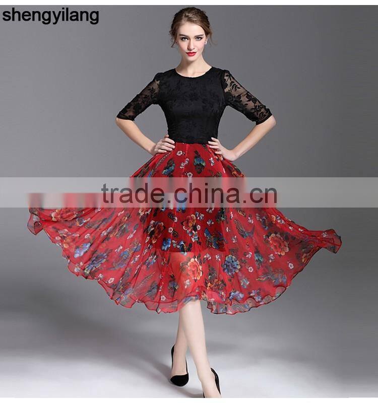 2016 spring summer retro lace silk slim A-line luxury guanzghou dress