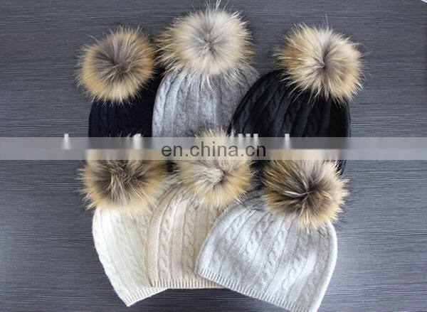 navy color plain cashmere beanie hat & scarf with raccoon fur pom pom