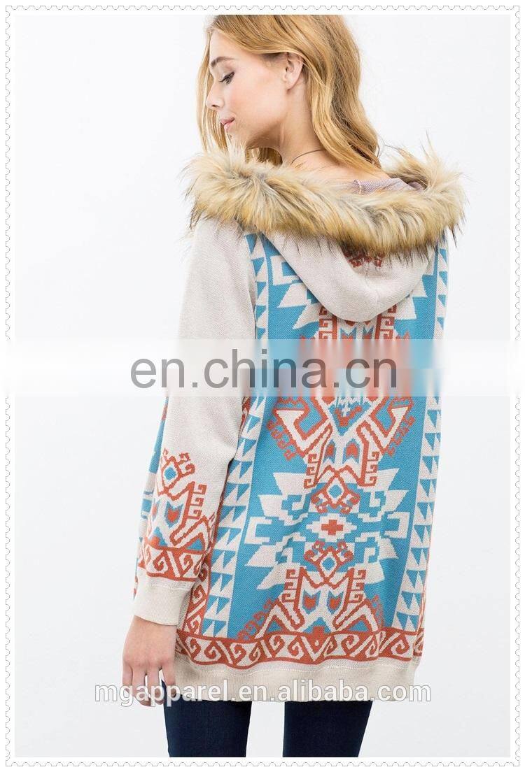 Glamour women clothes geo printed fur trim sweater cardigan with fur trimmed hoodie