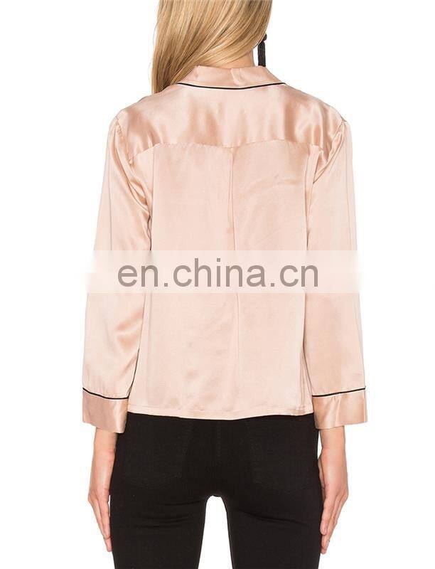 Pink Silk Satin Blouse For Women Smart Casual Wear Pajamas Style Long Sleeve T-Shirt