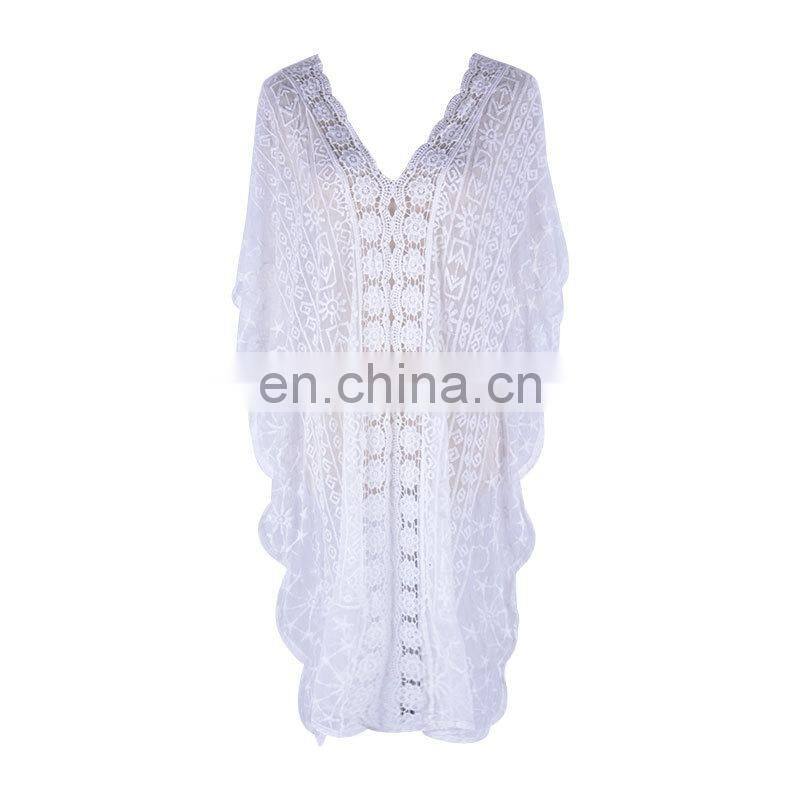 2019 Sexy See Through V-Neck Bats Sleeve V Back Loose Summer Beach Dress Lace Tunic Women Beachwear Plus Size Sarong Plage