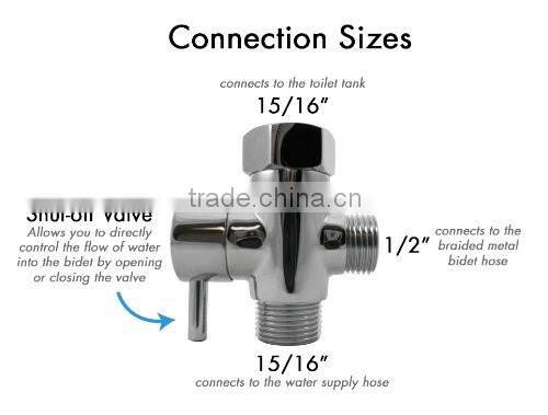 T-adapter with Shut-off Valve and 3-way Tee Connector and Chrome Finish