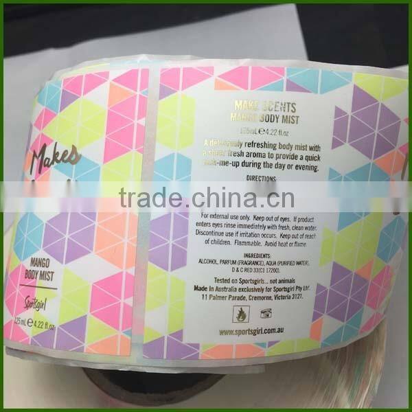 Colorful Body Mist Adhesive Stickers.Cosmetic Label Printing