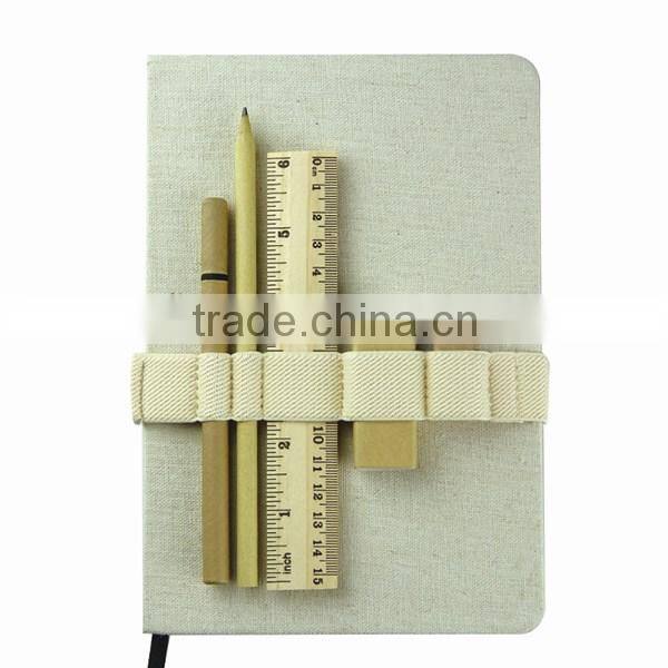 Eco Fabric Covered Recycled Notebook in Bulk with pen attached