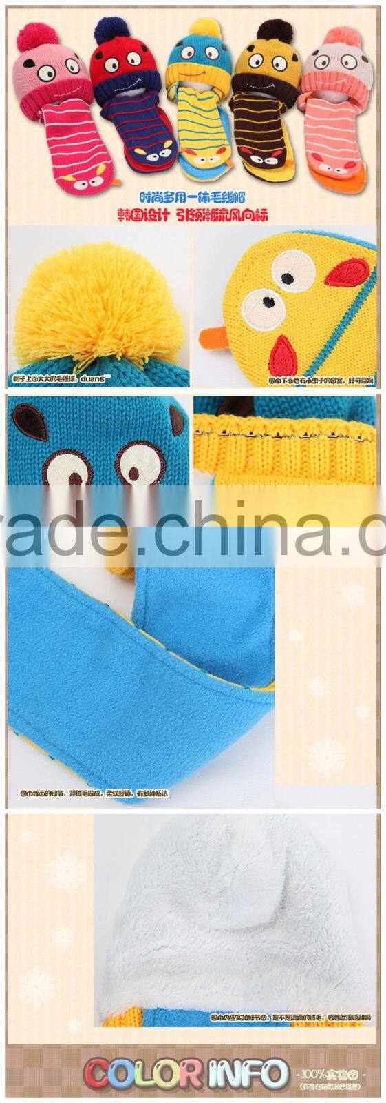 2015 Winter Newest Cute Eyes Embroidery Acrylic Stripe Knit Siamesed Two Piece Set Baby Hat and Scarf