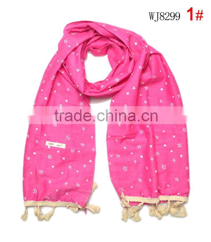 Hot Selling Star Printed Tassel Lace Brim Sewed Boys Girls Kids Linen Cotton Scarf