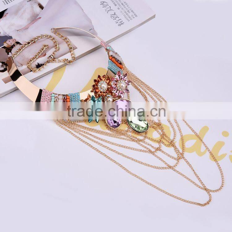 Solememo Wholesale Women's Vintage Jewelry Rhinestone Alloy Chain Tassel Bib Collar Choker Necklace