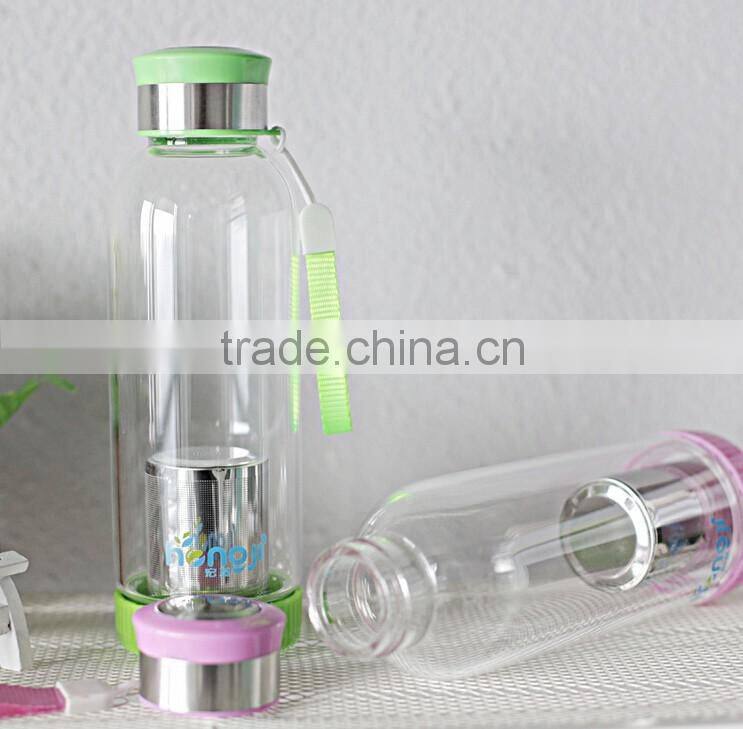 500ml car sport outdoor Portable Sports High Borosilicate Tea Filter Glass Water Bottle with Tea Infuser 2015