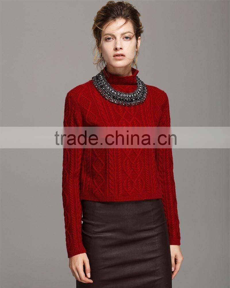 Cashmere sweater high neck long sleeve pullover with cable details