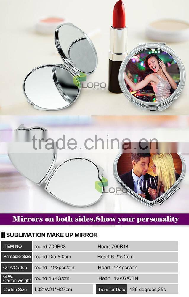 New Arrival sublimation printable customed gift make up mirror with round heart shaped