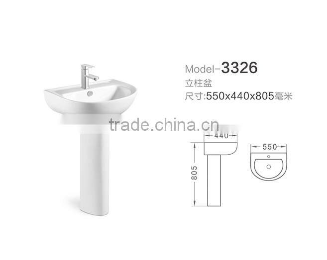 Cheap Chaozhou factory white colour single hole fixed to wall with back Two piece ceramic pedestal sinks z326