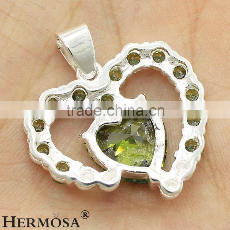 Shiny Green Olive Peridot 925 Sterling Silver Heart Design Necklaces Pendants 1 1/4 inch F494