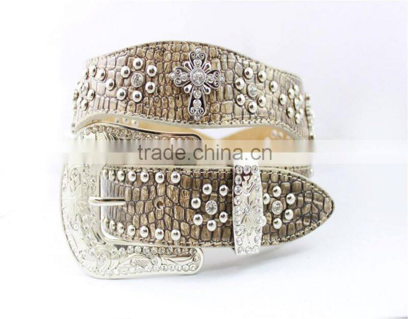 2015 New Design Western Cross Conchos White Croc-Skined Rhinestone Belt