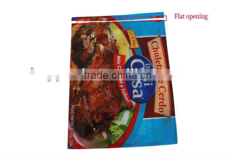 selling well all over the world laser easy tear 3 side seal zipper cooked meat pack bag export with congelado 20C