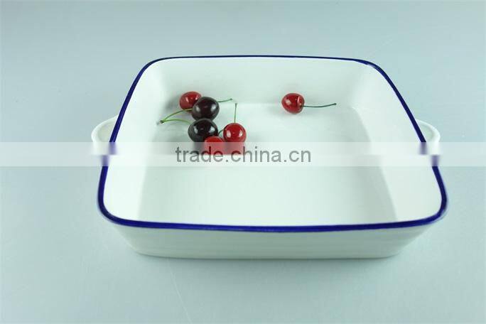 White blue line zakka style enamel ceramic baking dish with handles rectangular baking dish