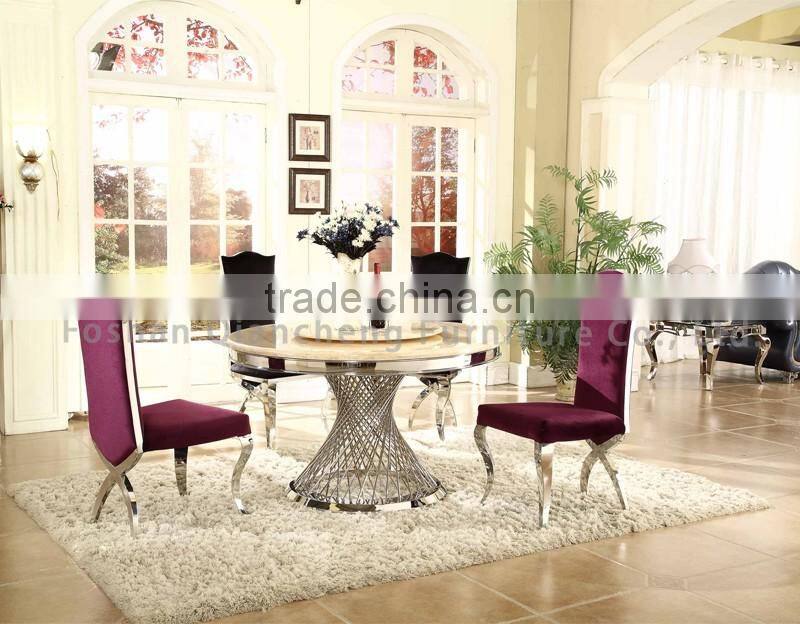 Mirror silver stainless steel table base marble top dining table and chiar sets