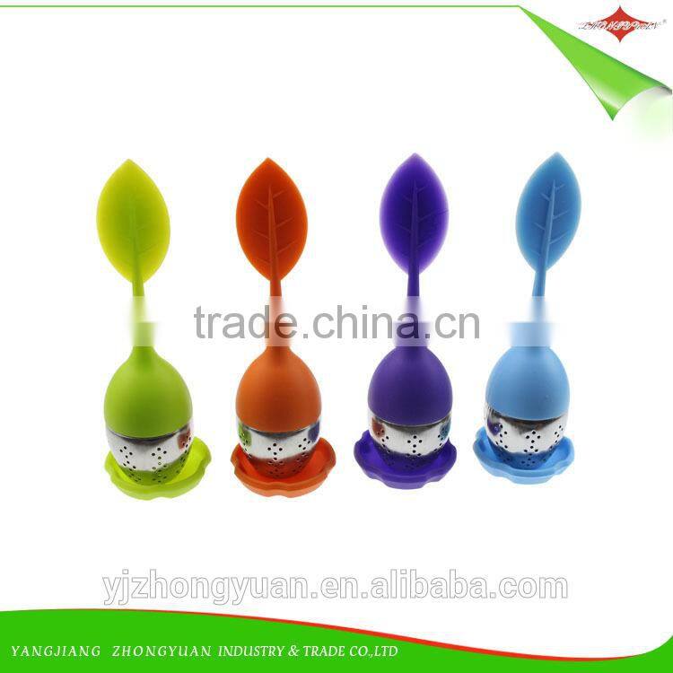 ZY-F1123 silicone tea strainer infuser diffuser filter with leaf lid,steel ball,resting plate