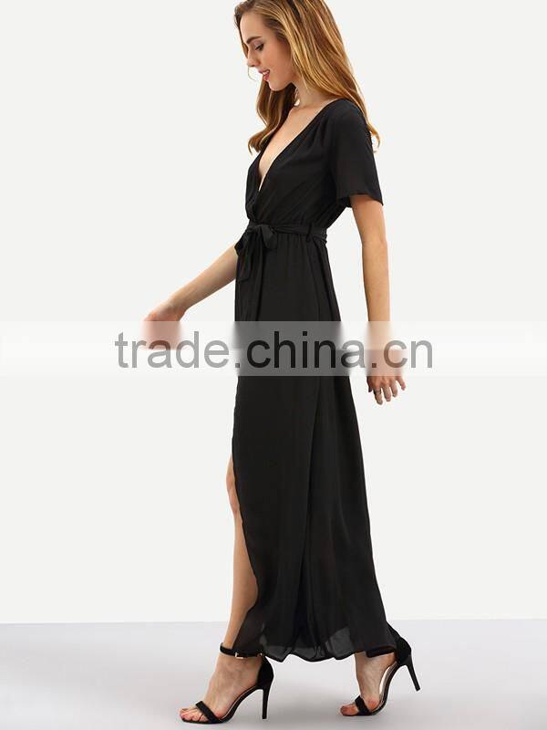 Woman Short Sleeve Black V neck Tie Waist Chiffon Maxi Wrap Type Maxi Dress